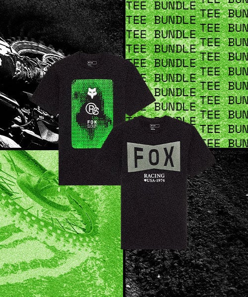 Two black Fox tees over a checkered background with "tee bundle" text
