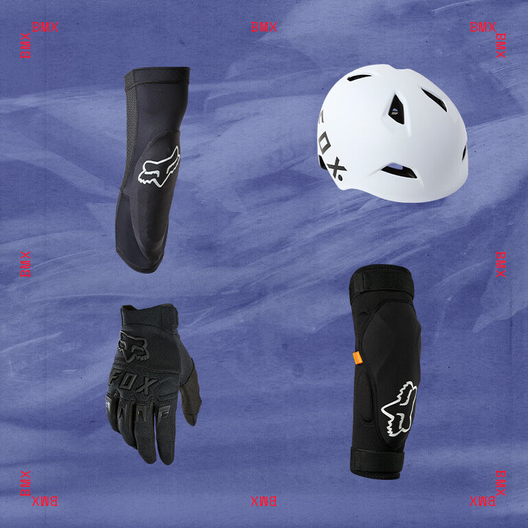 mtb guard, helmet, and glove with stylized text calling out bmx gifts