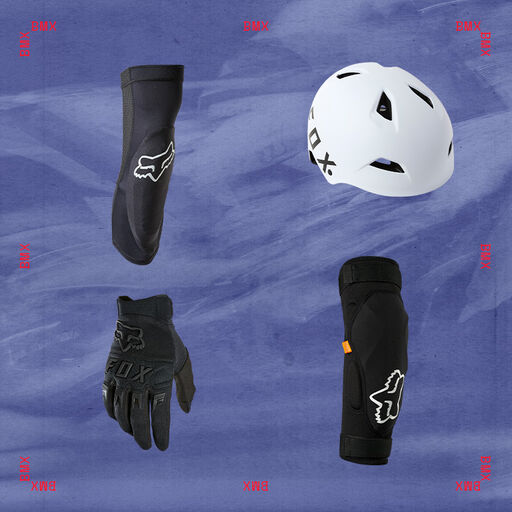 mtb guard, helmet, and glove with stylized text calling out bmx gifts