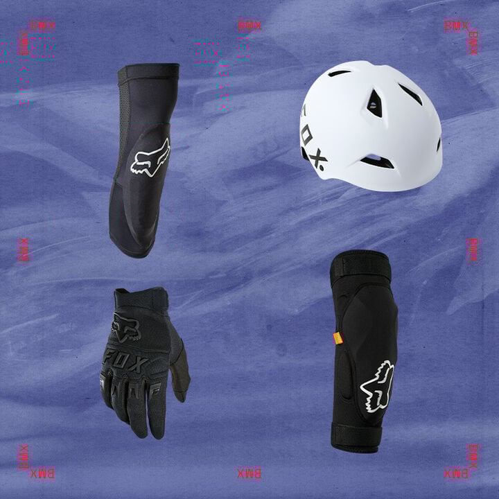 mtb guard, helmet, and glove with stylized text calling out bmx gifts